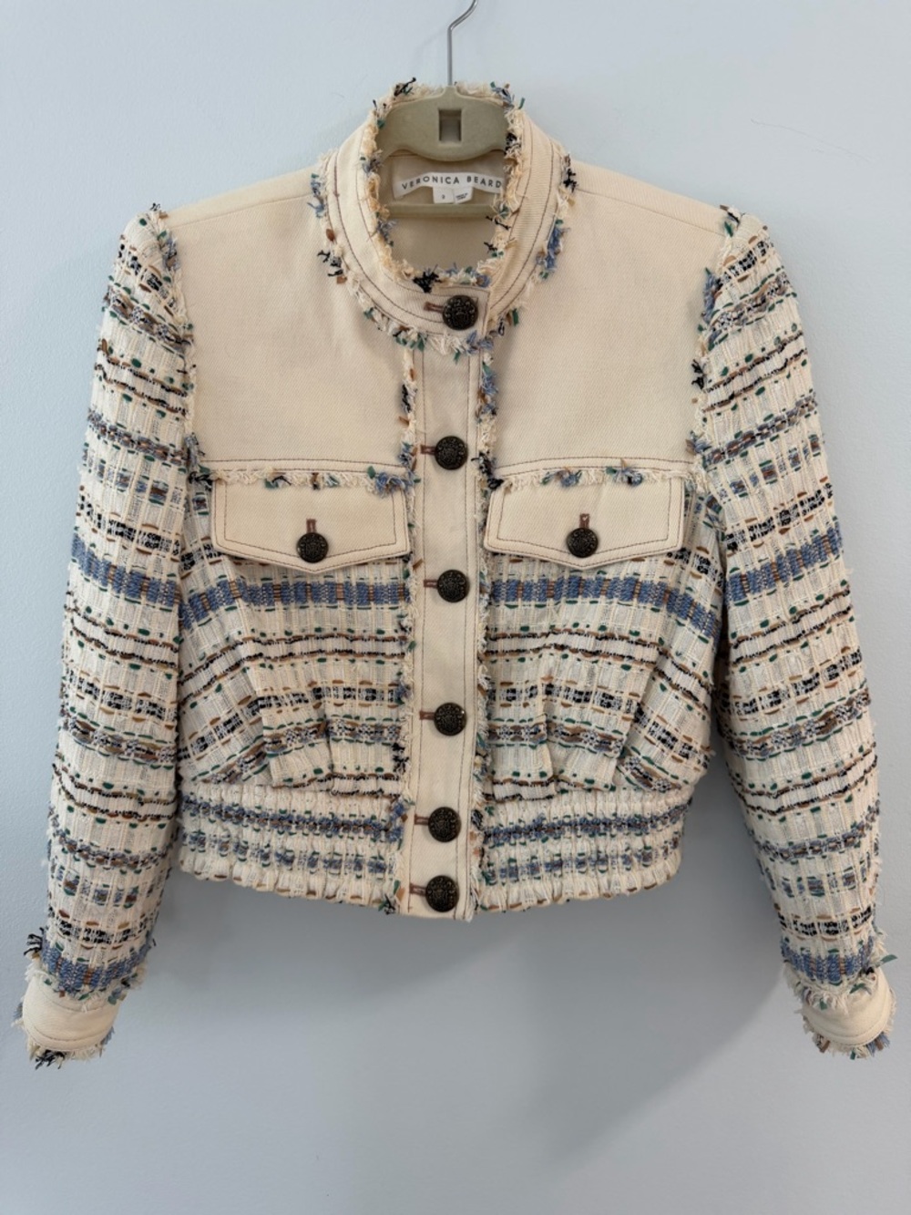Veronica Beard Cream Tweed Fringed Crop Jacket with Blue Accents